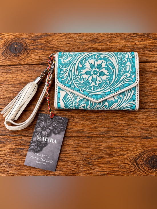 Myra Bag Handbags - Myra Bag Teal and Cream Hand-Tooled Leather Wallet Wristlet